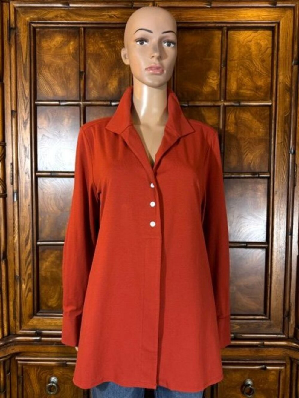 Marla Wynne Rust Cotton 3 Button Cuff Stretch Long Sleeve Button Down Shirt